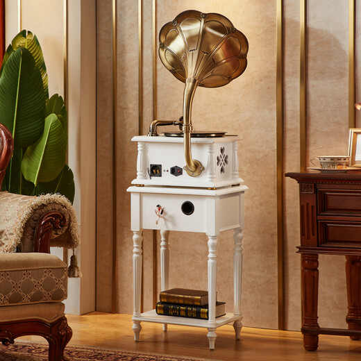 SHENGLINA American solid wood gramophone retro vinyl record player nostalgic national old-fashioned antique large speaker living room audio European record player white copper speaker + subwoofer