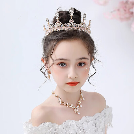Oein children's crown tiara girl birthday crown little girl gift diamond imitation crystal headband party catwalk model pink pearl European style crown