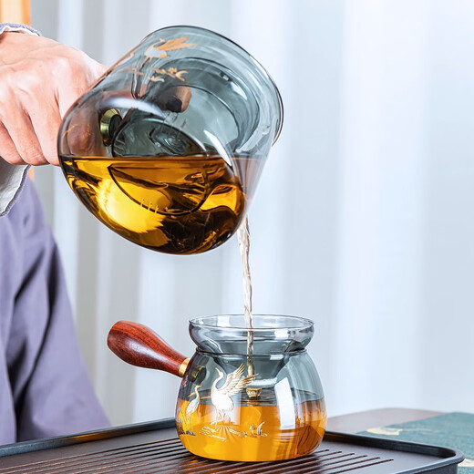 Zhengyang glass tea set small set household kung fu tea cup side handle teapot tea set complete set simple office meeting guests drinking tea ash trapezoid intuition-6 color handle cup lotus crane 10 pieces