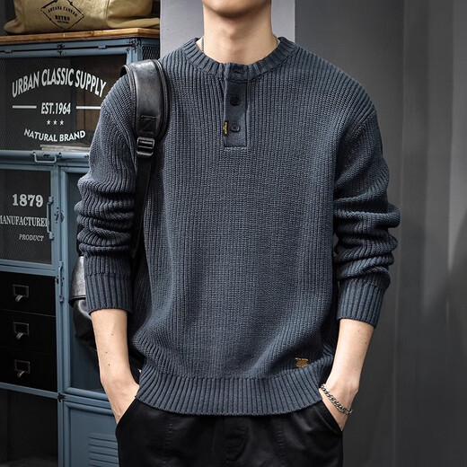 Gu Xiansen autumn and winter sweater men's American retro Henry collar heavyweight inner casual sweater autumn and winter coat sweater black L 115-130Jin Jin equals 0.5 kg