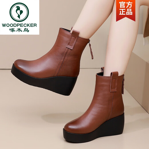 Woodpecker Wedge Boots Women's Fashion Genuine Leather Casual Round Toe Plus Velvet High Heels Thick Soled Platform Women's Boots 2026 Autumn and Winter Versatile Black Single Boots 36