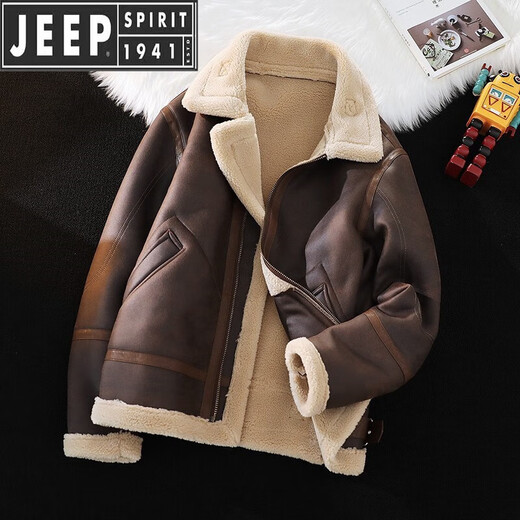 JEEP SPIRIT fur one-piece lambswool jacket men's autumn and winter new velvet thickened leather jacket autumn and winter men's lambswool jacket dark brown M