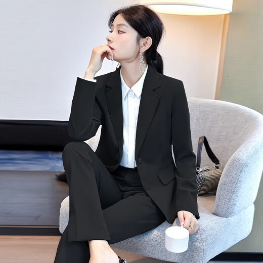 Small suit for women, spring, autumn and winter long-sleeved professional suit, business formal wear, interview, work, teacher sales work clothes, black female, suit jacket + pants + white shirt, 2XL size, about 115-124 Jin Jin is equal to 0.5 kg. Wear