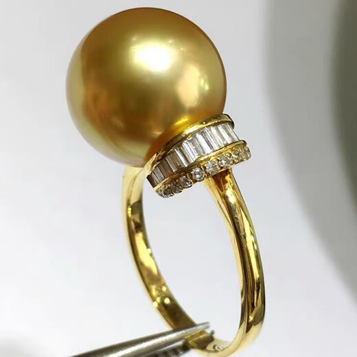 Junso Pearl South Sea Gold Beads South Sea Gold Beads Pendant Perfect Round 14mm Single Pearl Necklace Ring Temperament Simple Queen Pearl Set Ring + Pendant