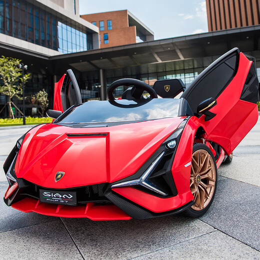 Cute Smiling Gull Lamborghini children's electric car four-wheeled with remote control car for men and women, baby and child can sit on toy car stroller, top with white + full function + leather seat four-wheel drive foam wheel