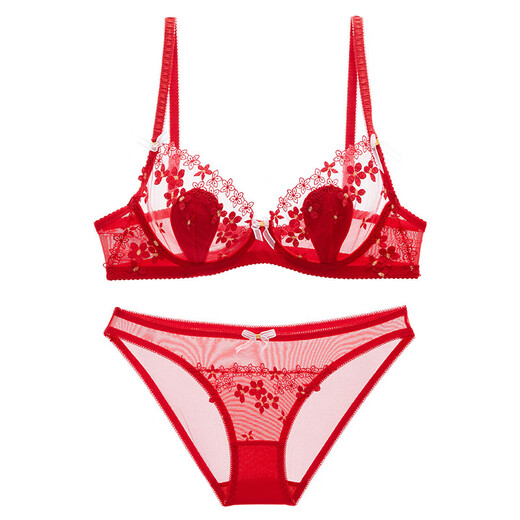 萱丝芙品牌内衣女红色本命年性感文胸套装女胸罩薄款大胸显小女蕾丝马年 红色(配三角裤) 75D 34D=(M)