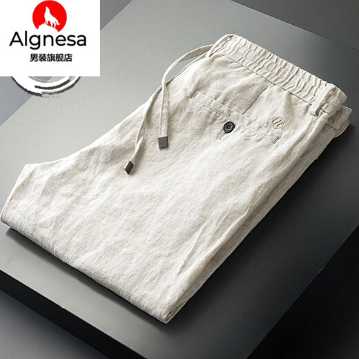 AIGNESA纯亚麻男裤夏季薄款松紧休闲裤男直筒米白色长裤透气麻料男士裤子 米白色 高品质 XL 32-33码