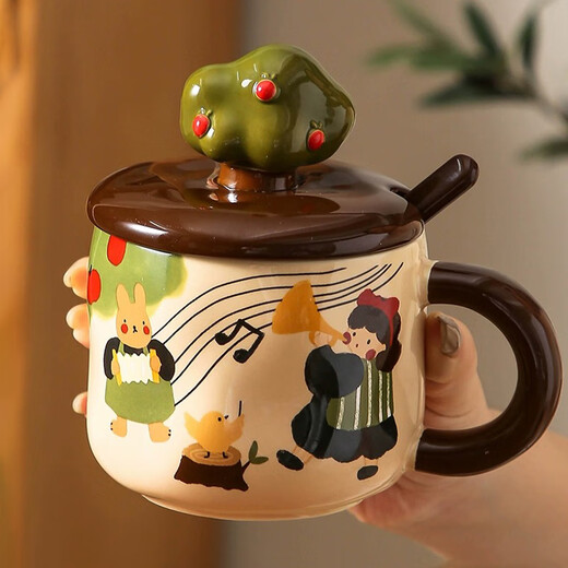 Yunshun mug with lid, spoon, water cup, ceramic cup, New Year's Day, Christmas gift, best friend's birthday gift, home coffee cup, Apple tree apple rabbit (lid + spoon) 380ml (gift box)