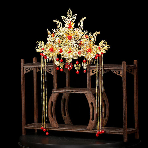 Meng Junchen bride's Chinese-style ancient hair accessories set golden phoenix crown butterfly tassel domineering palace headdress Xiuhe clothing accessories phoenix crown