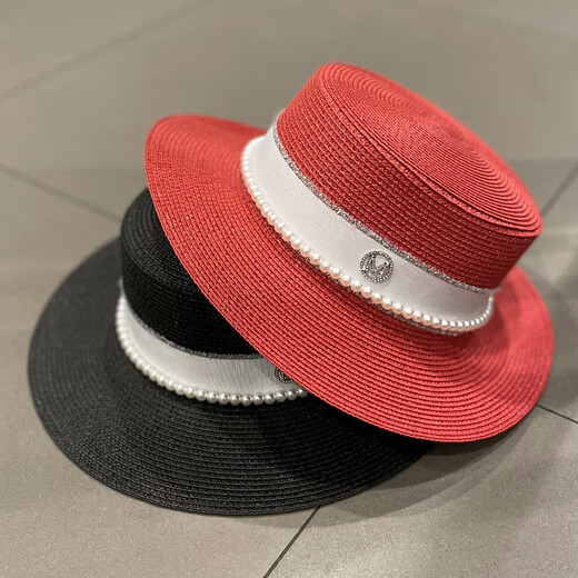 
Rogosky counter trendy Korean version ins pearl M-label flat top hat spring and summer English versatile fashion sun protection straw woven hat women light luxury original milky white pearl M-label ribbon straw hat M (56-58cm)