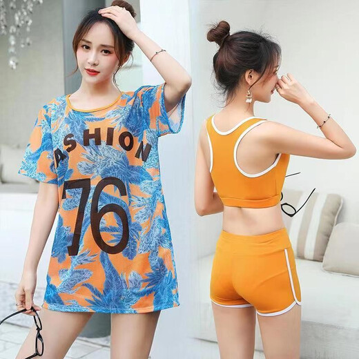 绘自然游泳衣女士分体三件套保守遮肚显瘦运动款学生胖mm  傲6625三件套-黑色 2XL 建议115-130斤