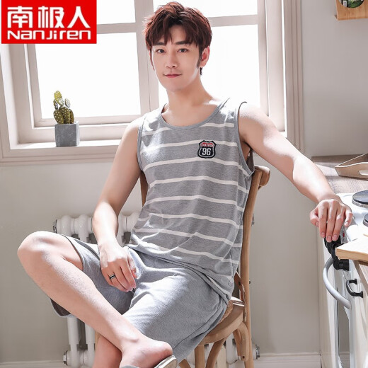 Antarctic Pajamas Men's Vest Summer Sleeveless Shorts Thin Cotton Men's Casual Home Wear Set Dark Gray Doggy XL