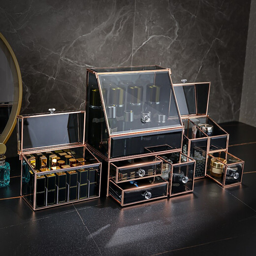 KAMAN glass cosmetics storage box, light luxury dust-proof desktop dressing table skin care product storage rack, 520 gift for wife, three drawers can store facial creams and facial masks
