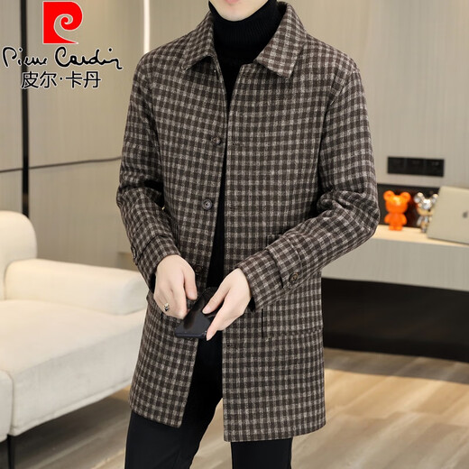 Pierre Cardin Herren Wollmantel kariert Winter High-End Nizi Windjacke Mittellanger Wollmantel im britischen Stil 1005 schwarz Baumwolle Stil XL