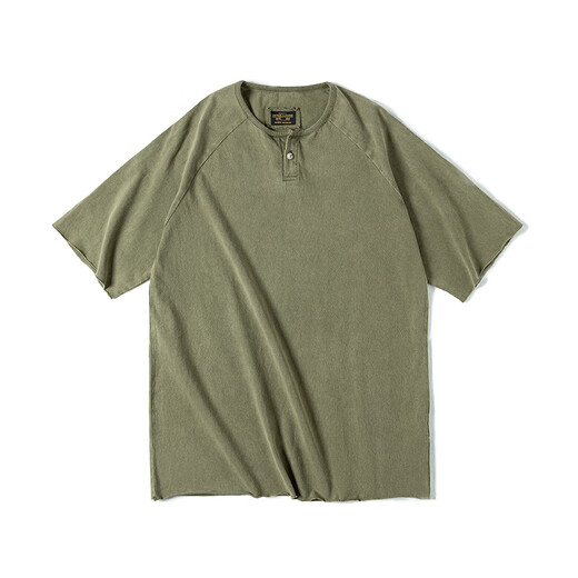 Madden Workwear American Distressed Henley Shirt Pure Cotton Breathable Casual Short Sleeve Ami Khaki Tough Guy T-shirt Men's Trendy Summer Green XL