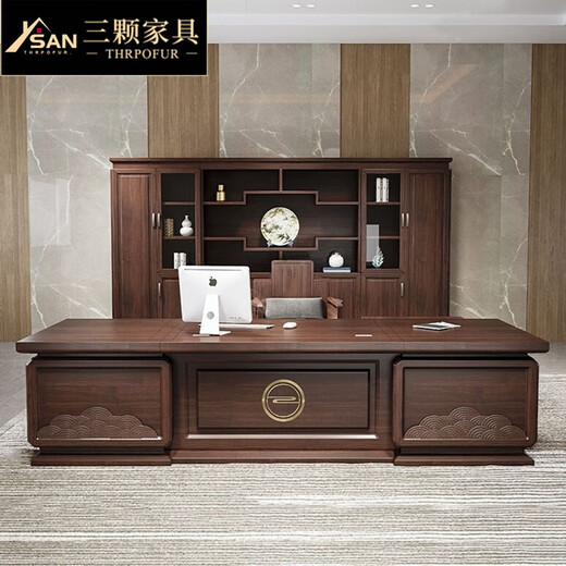 Three furniture solid wood boss desk office desk and chair combination desk new Chinese style president desk high-end executive desk office furniture 2-meter desk deposit