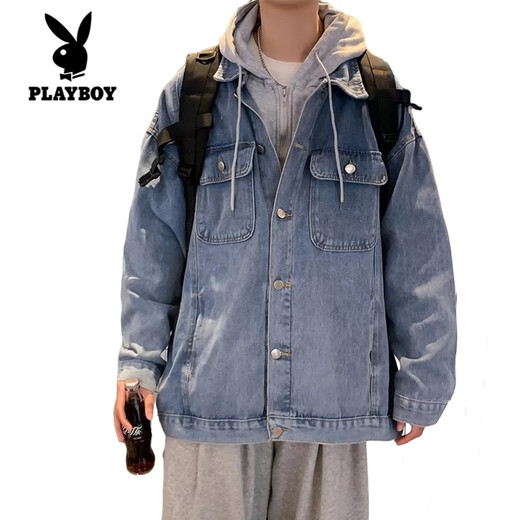 Playboy (PLAYBOY) denim jacket men's jacket handsome autumn and winter trendy brand ins hooded loose versatile trendy Korean style fake two-piece top blue M