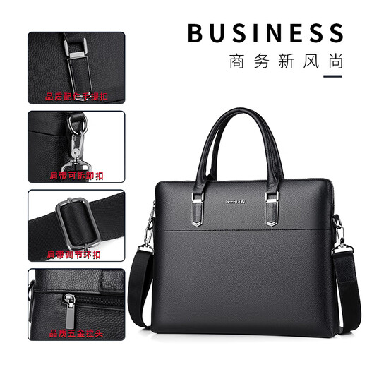 Gerbison business briefcase, men's genuine leather shoulder crossbody bag, first-layer cowhide, 14-inch notebook, large-capacity computer bag, commuter cross-section portable soft leather bag that can hold A4 files, black (first-layer cowhide)