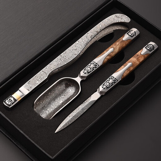 Jinge Pu'er tea knife three-piece tea set, Liujunzi accessories, tea clips, tea spoons, tea ceremony accessories, pot pen, tea set, Baiyingmu Fengxiang Damascus three-piece set