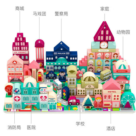Bloques de construcción infantiles Juguetes intelectuales de desarrollo de madera de rompecabezas para niños 2-4 niñas y niños 1-3-6 años Educación temprana 100 bloques + 60 piezas de escena de tráfico Placa inferior Barrel