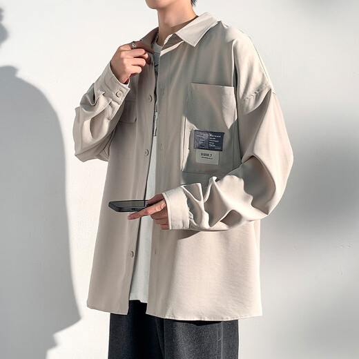 Foss Phil港风长袖衬衫外套男士秋冬季休闲宽松工装打底上衣7303浅灰XL