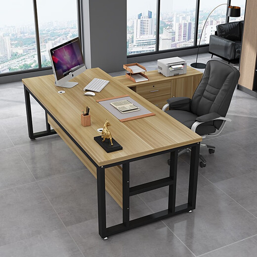 Rusen Office Boss Desk Manager Desk Leadership Office Desk and Chair Combination Modern Simple Single Computer Desk Black Frame + Golden Oak Color 160*60 Table + Side Cabinet
