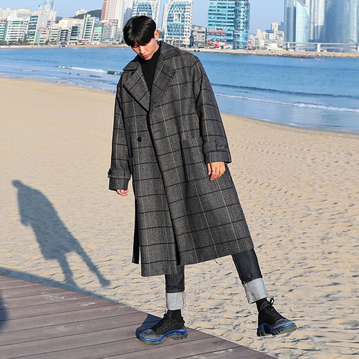 Avansby 2023 new autumn and winter coat men's Korean style loose knee-length mid-length plaid woolen windbreaker jacket plaid 3XL