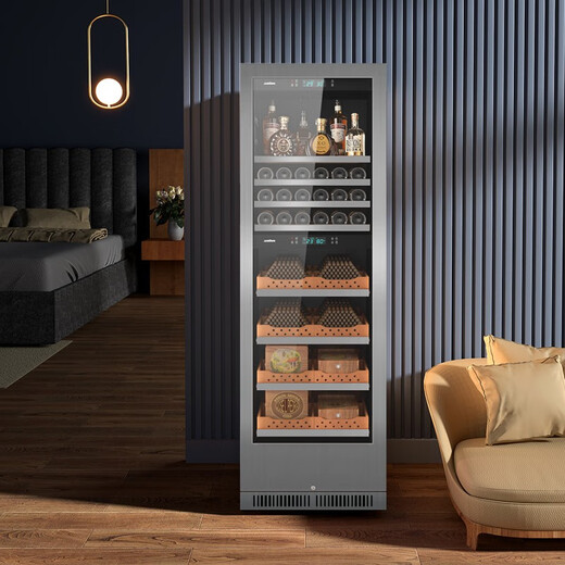 JUSTOWN dual compressor stainless steel rose gold dual temperature red wine and cigar integrated cabinet red wine cabinet for home use cigar cabinet constant temperature and humidity 1.88m dual compressor + brushed silver + wine rack + red wine cigar cabinet