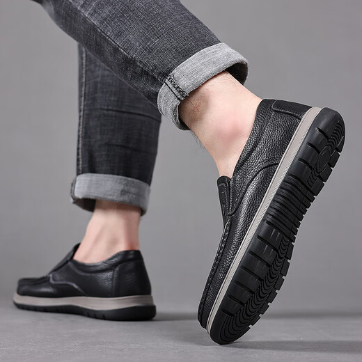 ECHI new leather shoes men's first-layer cowhide slip-on wear-resistant driving business casual shoes JST1351 black 41
