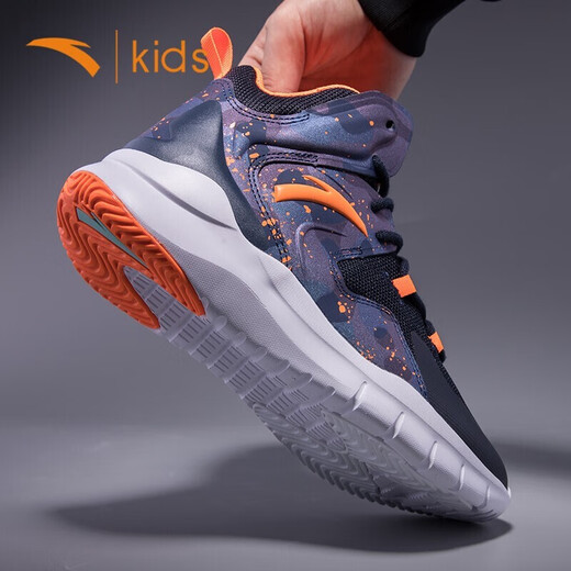 安踏童鞋男童运动鞋秋冬季新款休儿童高帮篮球鞋学生中大童球鞋男 深蓝黑/橙1105 33