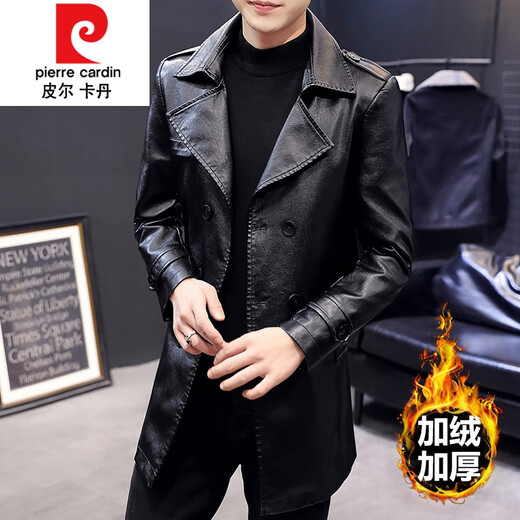 Pierre Cardin mid-length leather men's jacket youth slim and handsome motorcycle leather autumn and winter velvet windbreaker Korean style trendy knitted 516 black 3XL 185