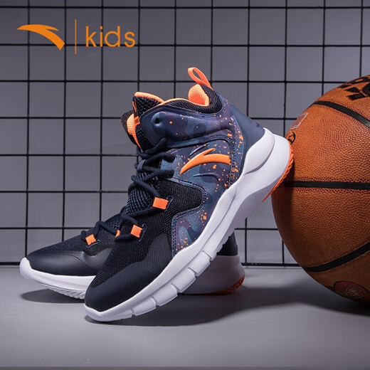 安踏童鞋男童运动鞋秋冬季新款休儿童高帮篮球鞋学生中大童球鞋男 深蓝黑/橙1105 33