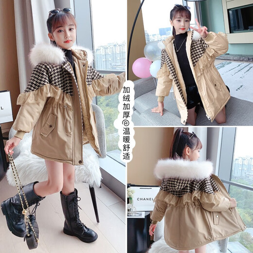 细仔码头儿童装女童派克服外套中大童毛领时尚加绒加厚中长款大衣棉服韩版 卡其色 毛领可拆卸 160