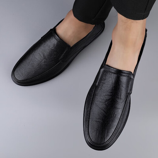 CLOHOO leather shoes men's spring and autumn genuine leather business casual breathable comfortable shoes men's formal shoes lazy beanie driving shoes black four seasons 43