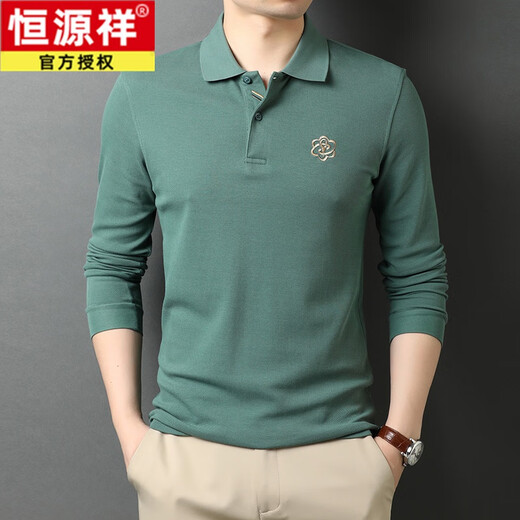 Hengyuanxiang 100% pure cotton men's long-sleeved T-shirt in spring and autumn middle-aged father's top lapel embroidered polo base shirt T723 black L 175/115/52
