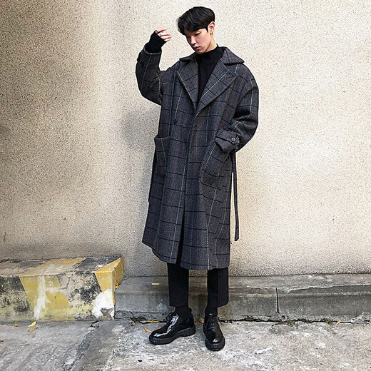 Avansby 2023 new autumn and winter coat men's Korean style loose knee-length mid-length plaid woolen windbreaker jacket plaid 3XL