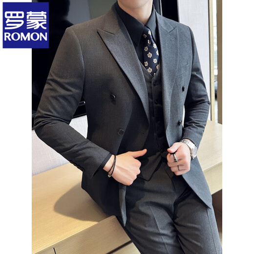 ROMON high-end customized suit men's British style double-breasted business casual suit large size three-piece formal wedding suit 338 black double-breasted single-piece suit XL (125-140Jin Jin equals 0.5 kg)
