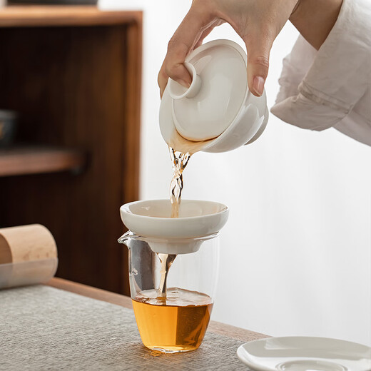 Gold inlaid jade tea set, ceramic kung fu teapot and cup, free gift box, high-end benefits, white porcelain simple clouds and water ballads