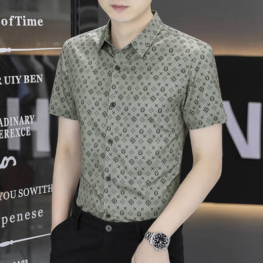 以堡狼高端夏季男衬衫短袖弹力冰丝数码印花薄款休闲男士衬衣修身 7029白色 3XL 【推荐160-175斤】