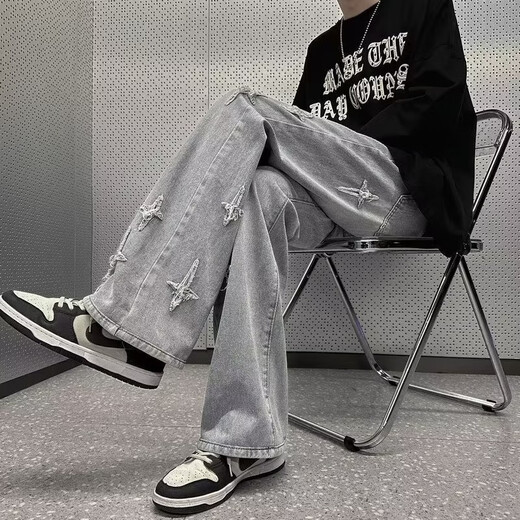 
7 high-quality jeans men's spring and autumn style vibe style high-end American retro micro-embroidery trendy high street lathe wide-leg length TCFS-1048 gray M