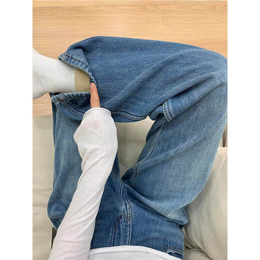 Cotton narrow version straight-leg plus velvet thickened jeans for women autumn and winter casual pants new high waist slimming small wide legs blue 11 plus velvet high quality 36 L 105-115Jin Jin is equal to 0.5 kg