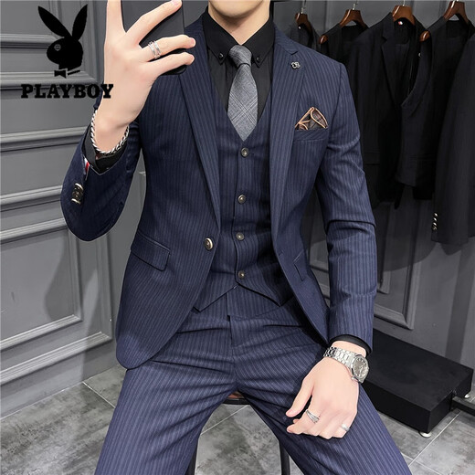 花花公子（PLAYBOY）西服男士套装潮流韩版修身英伦新郎结婚礼服商务职业正装休闲西装 深灰色纹理9905【西服+西裤+马甲1 S 90斤穿