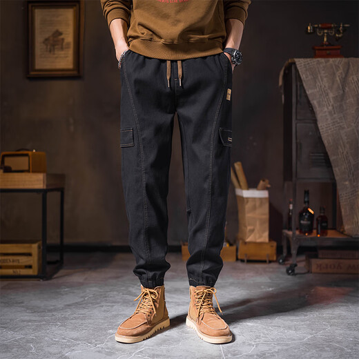 nasawassup潮牌美式复古工装裤男春秋新款宽松束脚裤子男哈伦运动休闲长裤 黑色749-SDP 常规 2XL 【建议130-150斤】