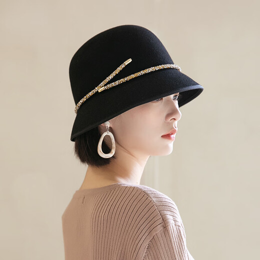 Light luxury brand, star Internet celebrity same style, new French woolen felt hat for women, autumn and winter wool fisherman hat, women's winter British retro versatile shaped basin hat, black, adjustable M (55-58cm)