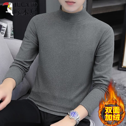 Woodpecker (TUCANO) German velvet long-sleeved T-shirt men's autumn and winter thermal underwear slim half turtleneck autumn coat solid color inner layering shirt for men German velvet long sleeves high collar black 2XL recommended 130-145Jin Jin equals 0.5 kg