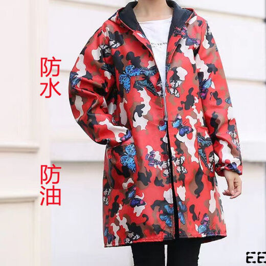 Guiren Xiong velvet thickened smock, warm coat, men's and women's work clothes, waterproof and oil-proof camouflage long coat, kitchen long-sleeved labor insurance suit, red floral (with hood), medium size (120-170)