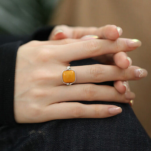 BOIGO925 silver amber beeswax ring for women retro bamboo square Chinese style open ring for women adjustable ring