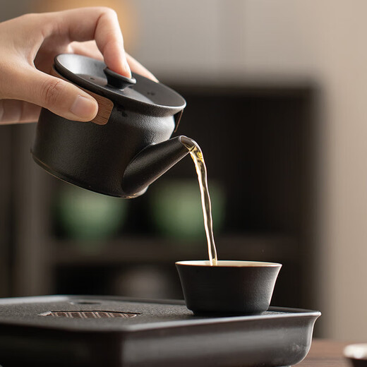 BEYZK小茶盘 两个人 功夫小茶具套装家用简约现代SN3886 黑陶侧把一壶两杯仿乌金小长盘