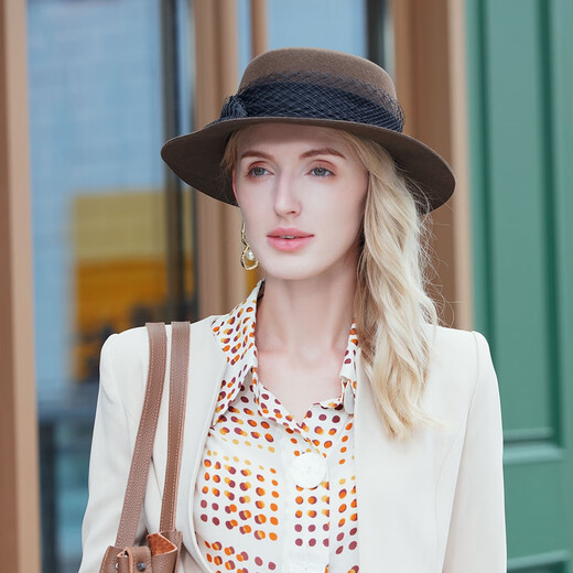 EE new winter style British retro versatile wool hat Winter Australian woolen casual hat for women Brown + black gauze (no decoration) M (56-58cm)