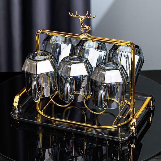 Camellia Valley cold kettle glass cup home set living room cold kettle cup holder light luxury high temperature resistant diamond pot (elegant gray) + 6 cups + deer stand + holder
